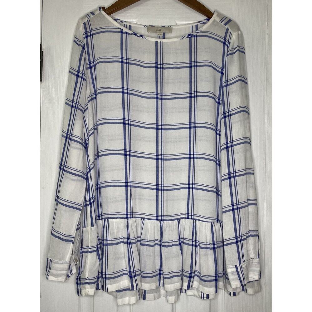 Ann Taylor LOFT Medium Blouse Top semi-sheer long sleeved white blue cottagecore